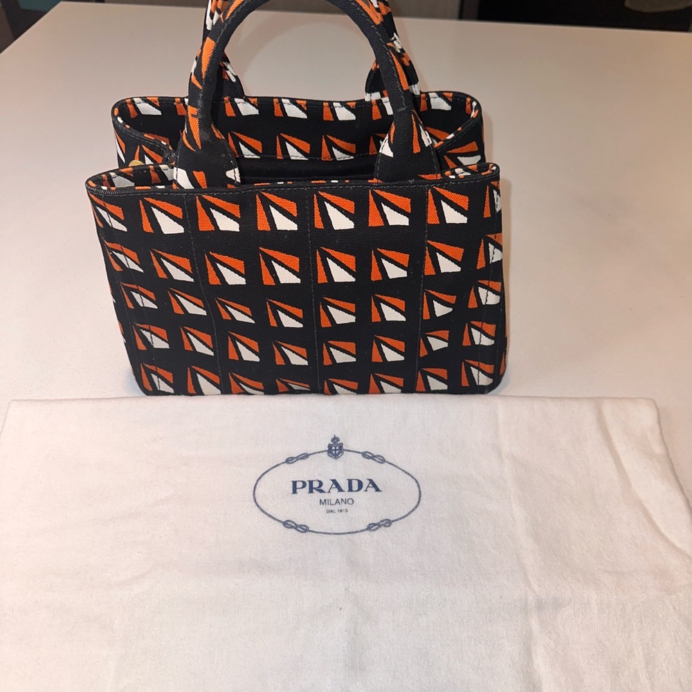 Authentic PRADA CANAPA PRINTED CANVAS SATCHEL